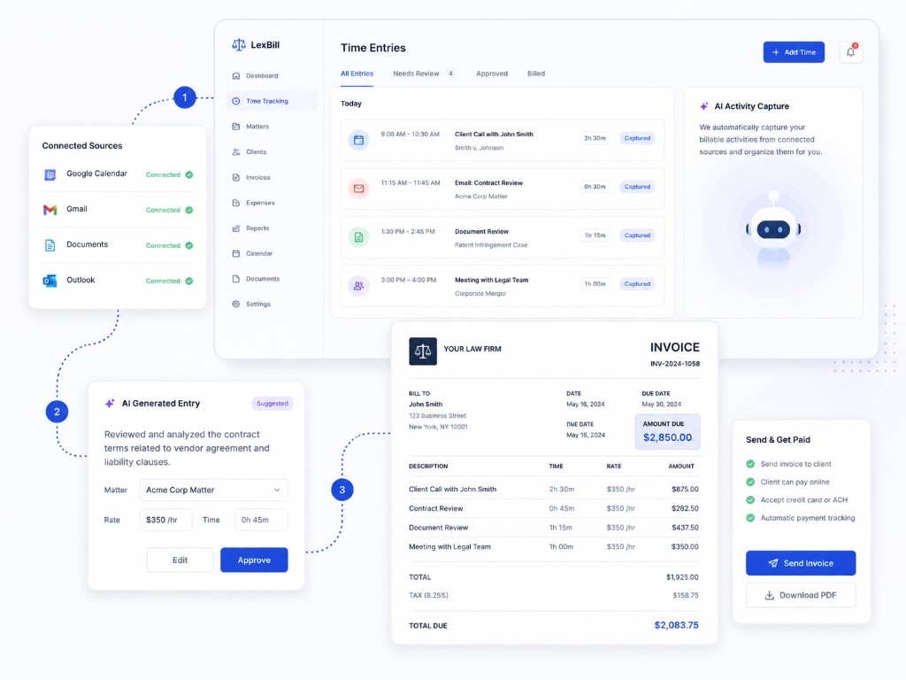 LexBill AI workflow — capture billable time, review entries, and send invoices